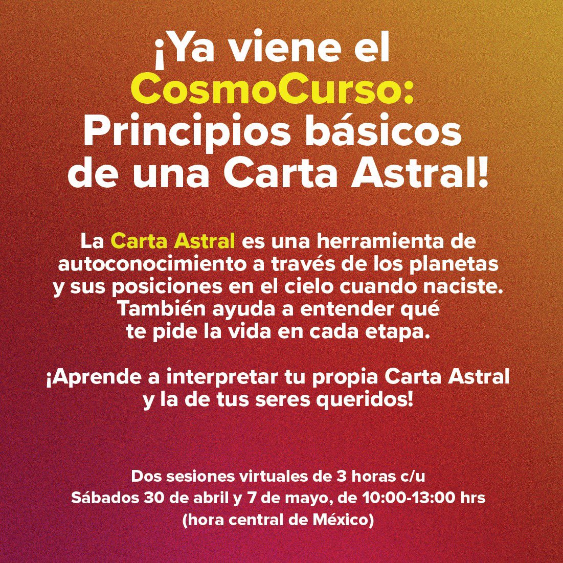 ¡Ya viene el CosmoCurso: Principios básicos de una Carta Astral!

¿CUÁNDO ES? 
Sábados 30 de abril y 7 de mayo, de 10:00-13:00 hrs (hora central de México) 

Escríbeme para compartirte todos los detalles y costos. 

#cosmolau #astrología #cartaastral