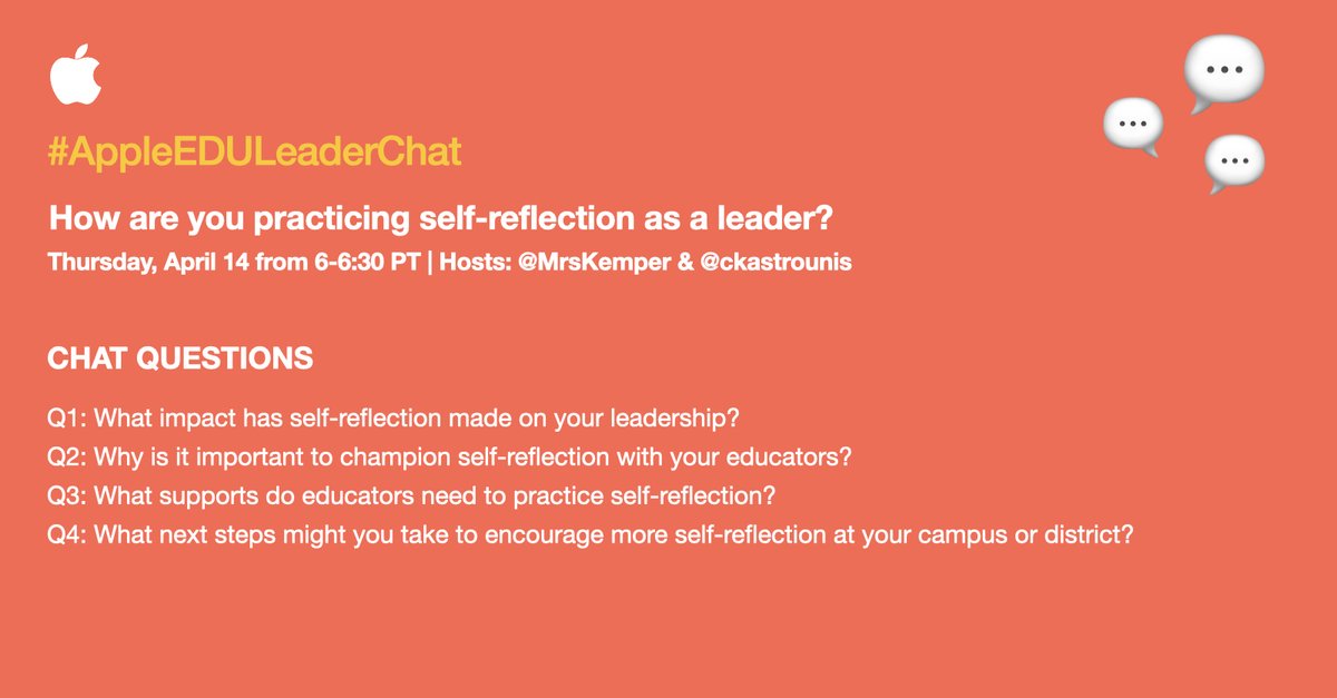 Michelle Schmitz EdD (@mschmitz_1) on Twitter photo 🌎 How do you practice self-reflection as a leader?
Getting ready for a great #AppleEDULeaderChat on self-reflection with <a href="/ckastrounis/">Chantel Kastrounis</a> and @MrsKemper.on Thursday from 6:00 - 6:30 PT. <a href="/MsAprilLutz/">April Lutz</a> <a href="/joyfulDuplisea/">Catherine Duplisea</a>
@VeronikZarago @<a href="/drmcgettigan/">Joan McGettigan, Ed.D. 🌻</a> 🌎 How do you practice self-reflection as a leader?
Getting ready for a great #AppleEDULeaderChat on self-reflection with <a href="/ckastrounis/">Chantel Kastrounis</a> and @MrsKemper.on Thursday from 6:00 - 6:30 PT. <a href="/MsAprilLutz/">April Lutz</a> <a href="/joyfulDuplisea/">Catherine Duplisea</a>
@VeronikZarago @<a href="/drmcgettigan/">Joan McGettigan, Ed.D. 🌻</a>