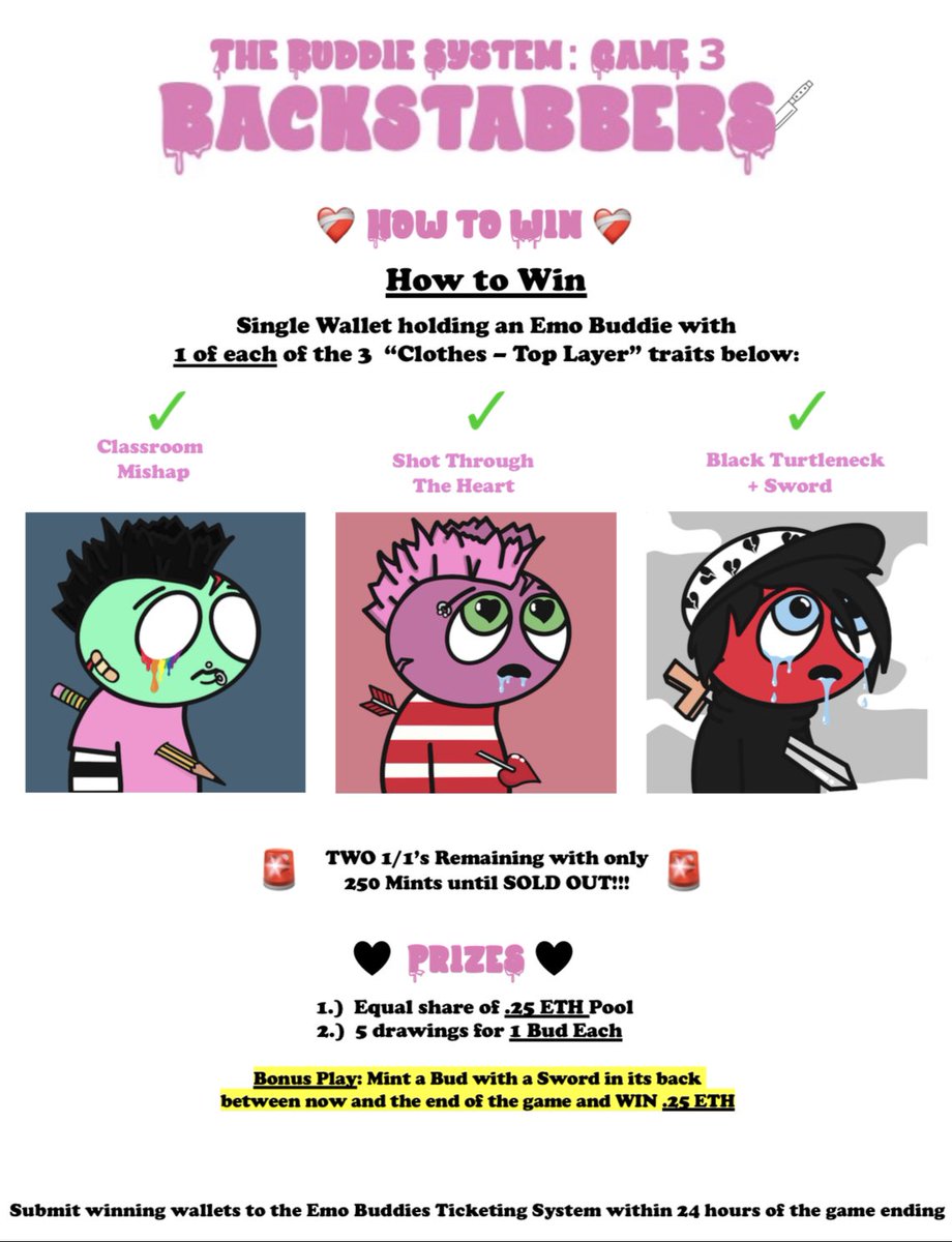 EmoBuddiesNFT's tweet image. ☠️ Emo Buddies NFT Game #3! ☠️
BackStabbers! 🔪
Total Prizes .5 ETH! 
emobuddies.io
