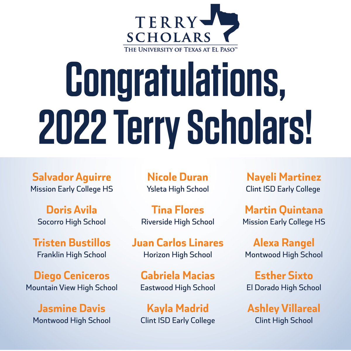 We are very excited to announce the 2022 UTEP Terry Scholar Cohort! ⛏

Welcome to the familia! #UTEPTerrys