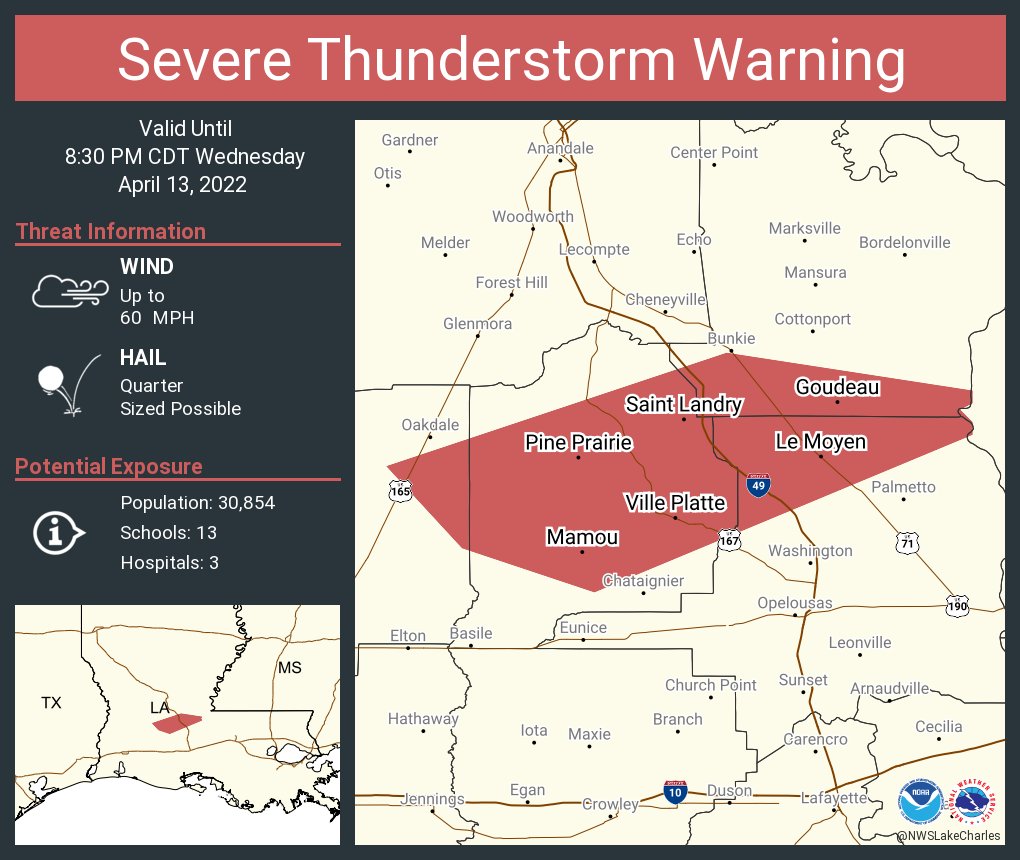NWSLakeCharles's tweet photo. Severe Thunderstorm Warning continues for Ville Platte LA, Mamou LA, Pine Prairie LA until 8:30 PM CDT https://t.co/NeghkCk245