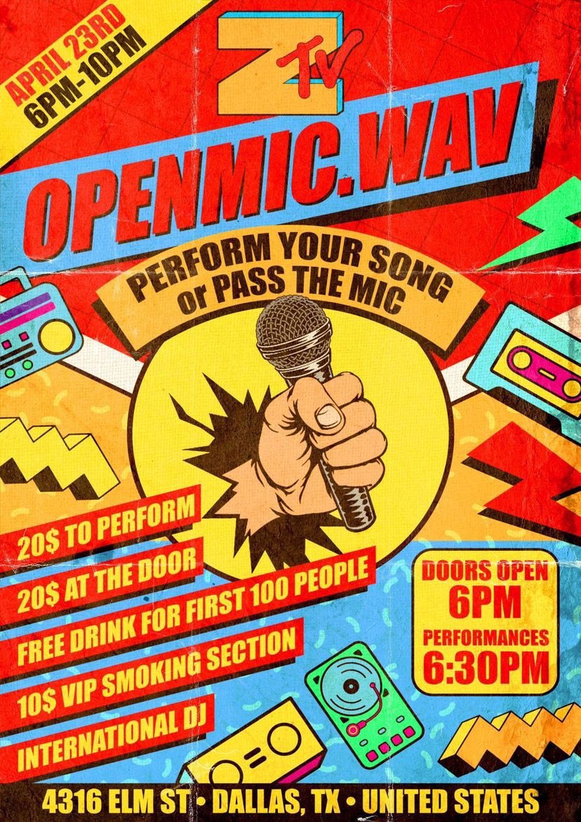 DJKIMBLEE's tweet photo. Dallas artists, wanna get your music heard? and PERFORM the shit?

🌊 OPENMIC.WAV 🌊

April 23rd (6-10pm)

4316 Elm St. Dallas, TX

Dallas Premiere Hip Hop Open Mic Showcase 🌎 

Sponsored by @wavybandzstudioz 🎥 
Hosted by @itzwavybandz 🌊 

w/ @djrick_14 on the ones and twos https://t.co/HxP7G5jUtf