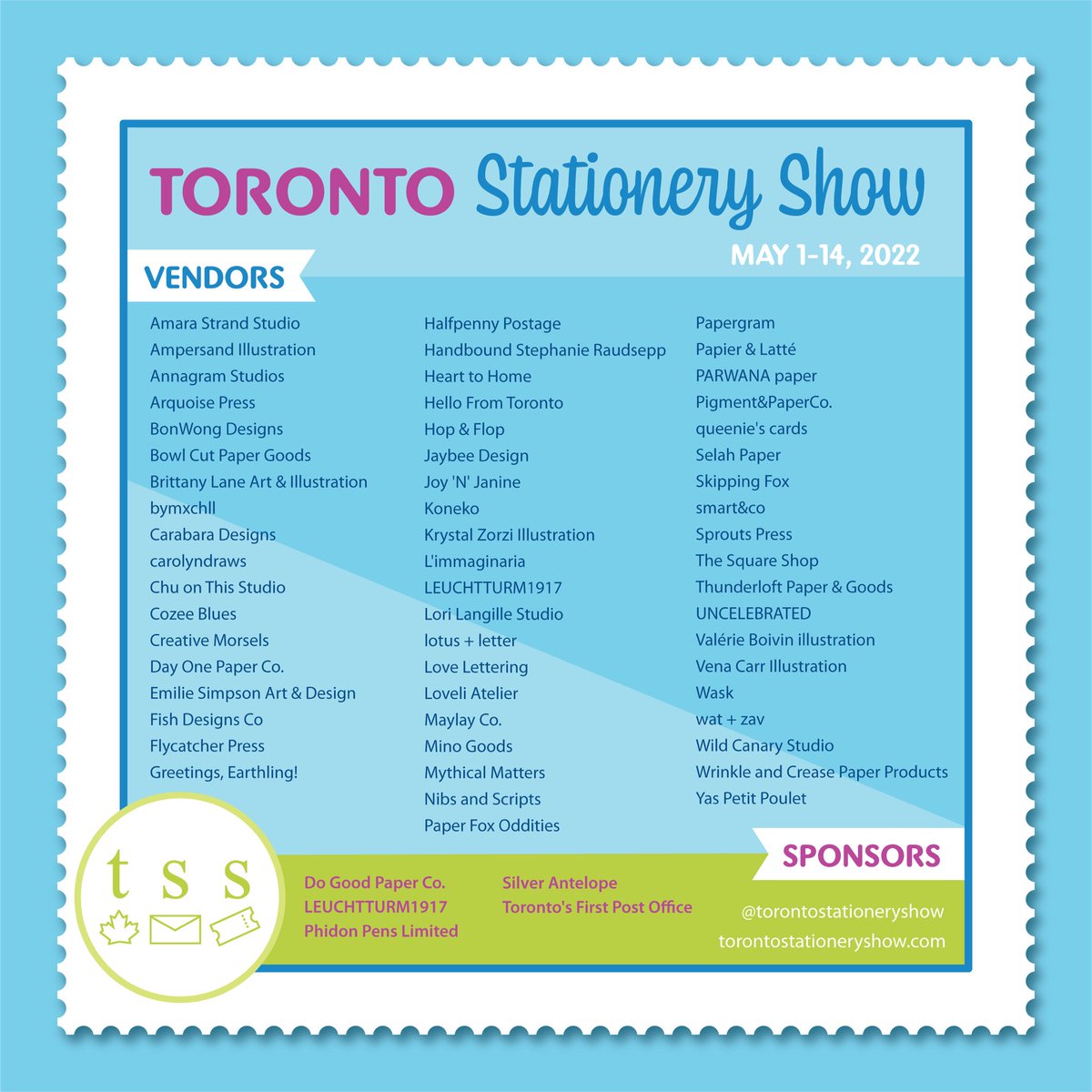 We are proud to present the Toronto Stationery Show 2022 Spring Vendors and Sponsors! ✨ Follow <a href="/TOstationery/">TOstationery</a> and these incredible stationery makers and sponsors for our virtual paper party! Mark your calendars for exclusive promos from May 1-14! 💌✏️ #torontostationeryshow