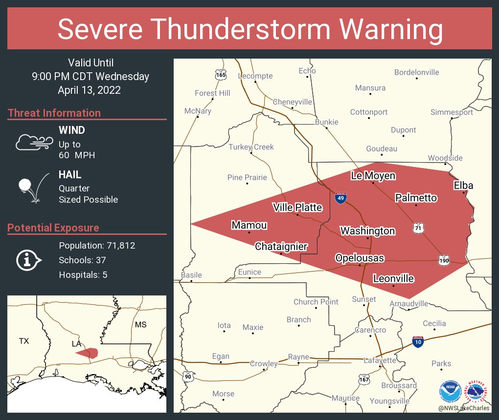 NWSLakeCharles's tweet photo. Severe Thunderstorm Warning including Opelousas LA, Ville Platte LA, Mamou LA until 9:00 PM CDT https://t.co/pfaSrN6I2W