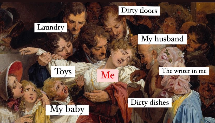 Sasha_Xiao's tweet photo. My first attempt at memes. Title: A tired mom at 7:30pm https://t.co/HEC4ueX6pk