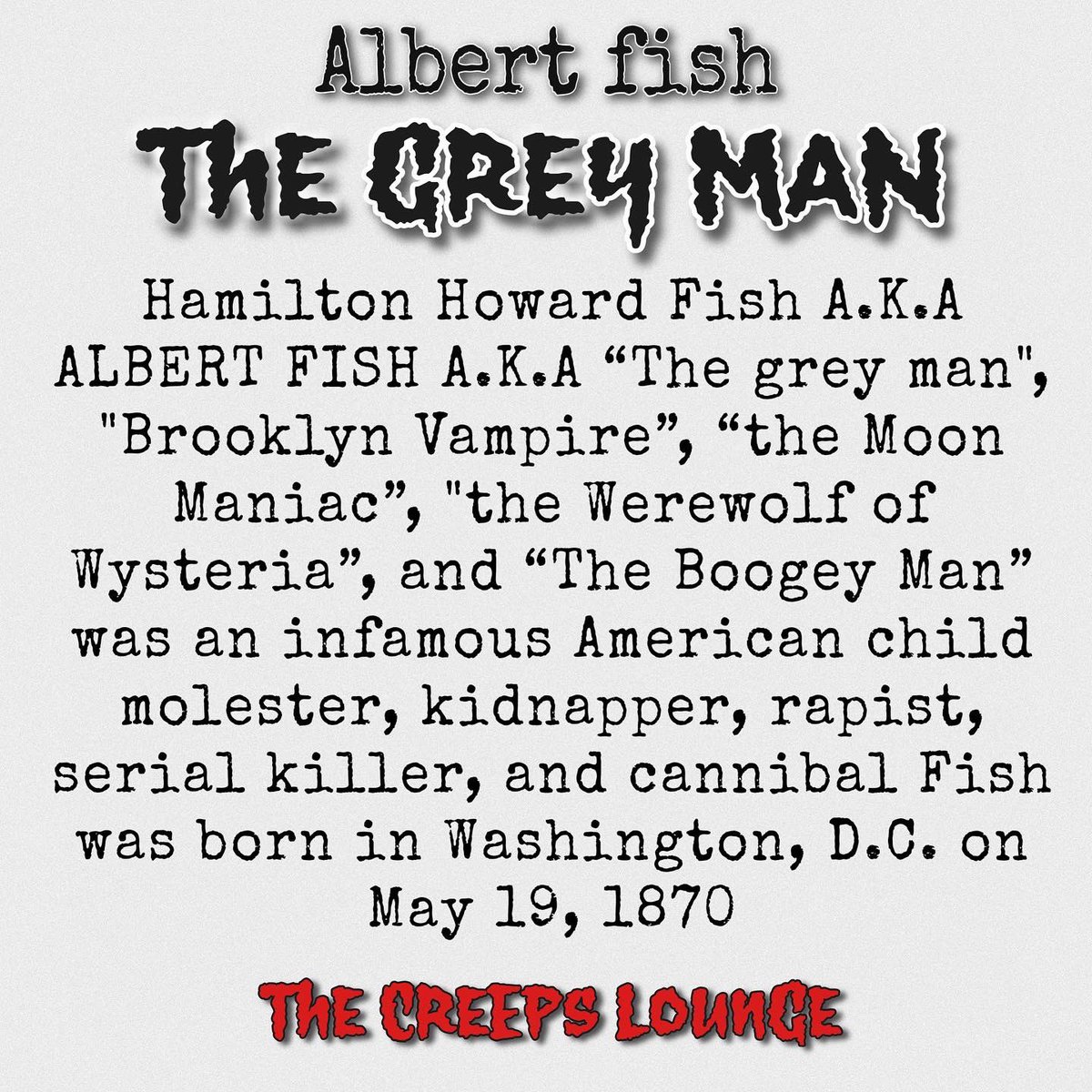 TheCreepsLounge's tweet photo. New EP out now where we talk about the infamous “Master butcher” &amp; “Grey man” Link in our bio to podcast &amp; chill! Go follow @thecreepslounge on Spotify, Instagram, &amp; TikTok. 💀🖤 #spotify #truecrime #cannibalism #thegreyman #thecreepslounge #themasterbutcher #podcastandchill https://t.co/otYsQ5IMk5