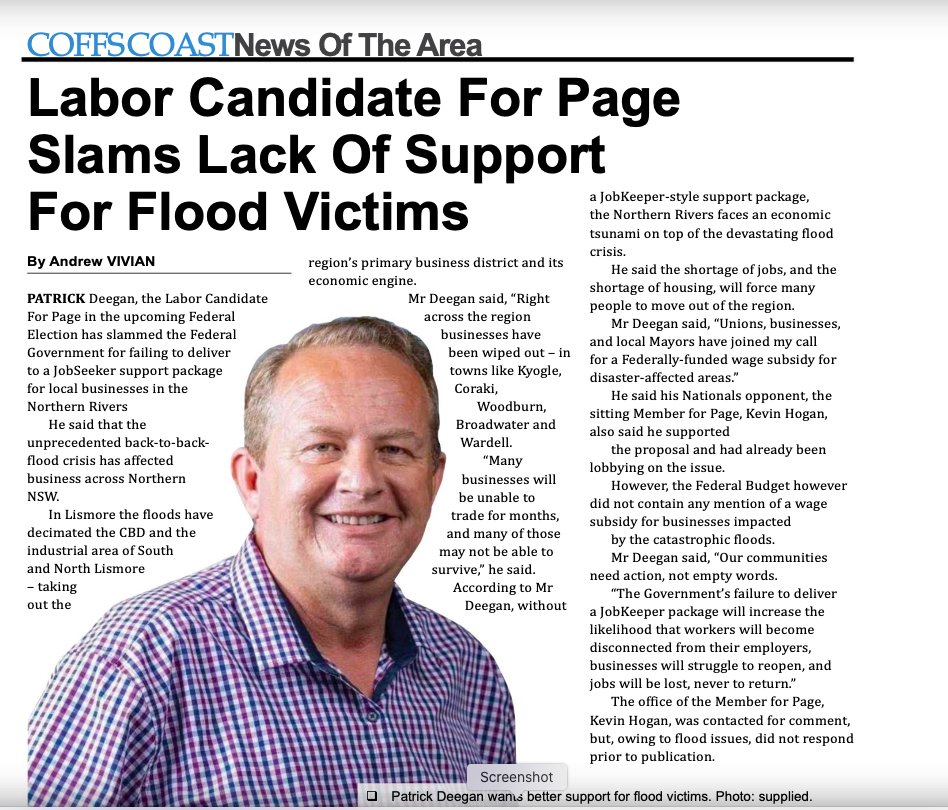 Still no movement from the Fed Govt on a JobKeeper package for the Northern Rivers. We need it now. #AusVotes22