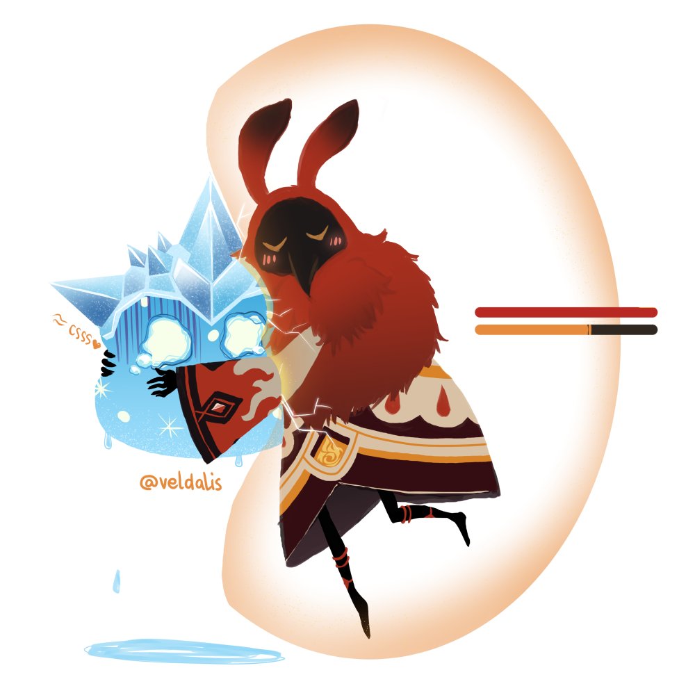 veldalis's tweet photo. This was a running joke in our gaming group, but as an idea it was rather cute so here it is :3 hot love! Also the abyss mage is my favourite <3 #GenshinImpact #abyssmage #cryoslime https://t.co/DsgHgiWE3V