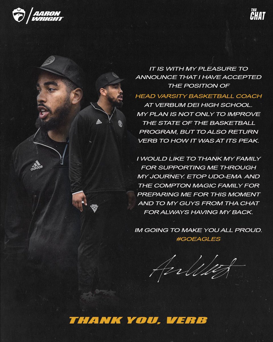 Aaron Wright is the New Head Coach at Verbum Dei High School
Congrats! <a href="/aswright93/">A WRIGHT</a> 
Let’s Work……
<a href="/thachatpodcast/">Tha Chat Podcast</a> <a href="/niquedunning/">Dominique Dunning</a> <a href="/isaacudoema/">Isaac</a> <a href="/rj_arvizu/">Ray Arvizu Jr.</a> <a href="/iJustWill/">Justin Williams</a> <a href="/DougJoseph/">Doug Joseph</a> <a href="/TheeCoachBreeze/">Breeze McDonald</a> <a href="/therscfirmCEO/">Herb Courtney II</a> <a href="/lyneyaaa/">Ney 🦋</a> <a href="/PeyHeyrani/">Peyman Heyrani</a> <a href="/DreDay_RV_Zoo/">Andres Arvizu</a> @TonyBland04 #MagicBoyz