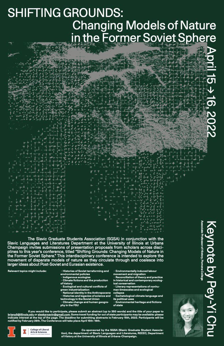 REEEC_UIUC's tweet photo. 2022 Slavic Graduate Student Association Conference: "Shifting Grounds: Changing Models of Nature in the Former Soviet Sphere"
April 15-16 on Zoom
Zoom Registration:
Day 1: https://t.co/ktNRpvjevi...
Day 2: https://t.co/sJkCXQmbCp... https://t.co/NTOvsQD4LG