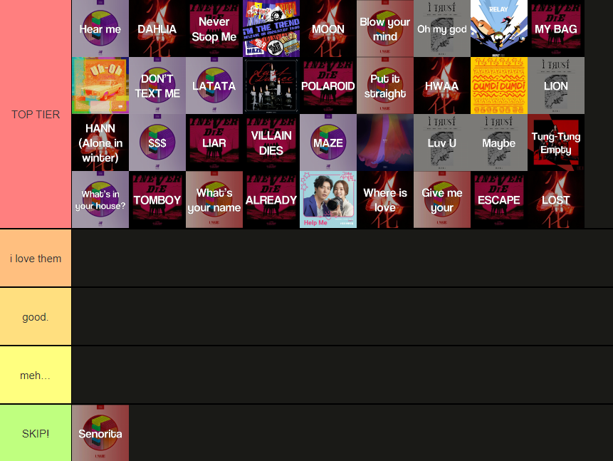 IDLE_OUTSOLD's tweet photo. idle songs tier list (idle member ver.) https://t.co/MjRX5XD7Np