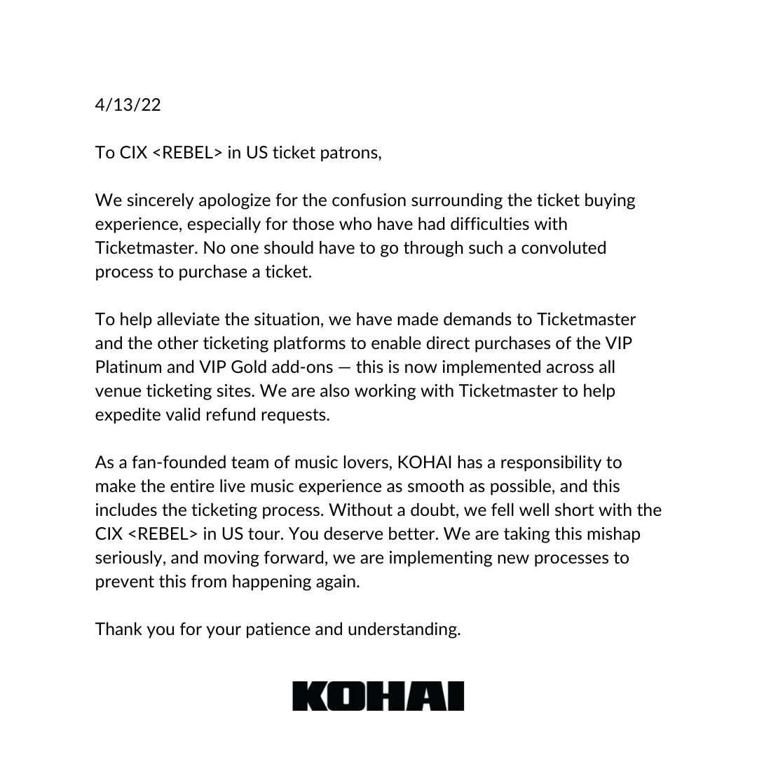 heykohai's tweet photo. Statement regarding CIX <REBEL> in US Ticketing https://t.co/5lKXHKpsye