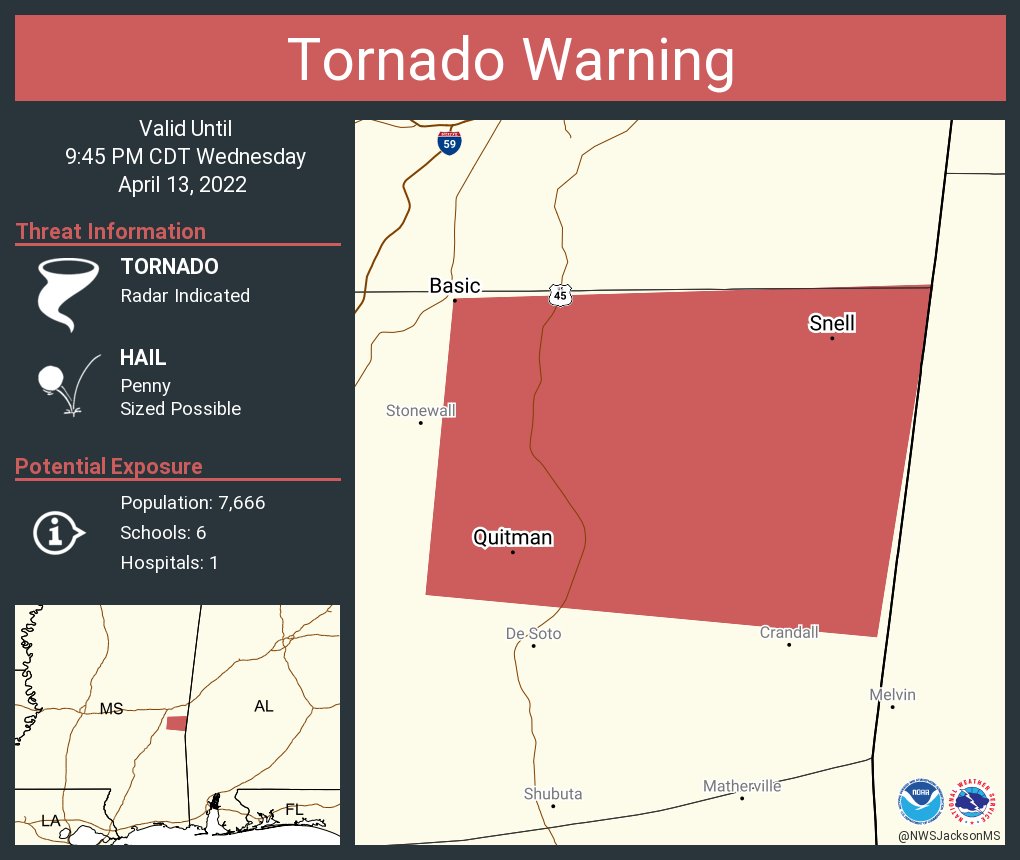 NWStornado's tweet photo. Tornado Warning continues for Quitman MS, Basic MS, Snell MS until 9:45 PM CDT https://t.co/Lk8bRMOeUA