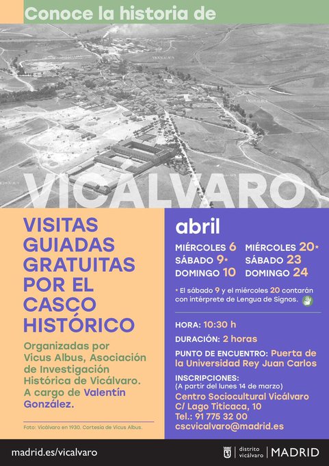 jmdvicalvaro's tweet photo. Siguen las #visitas guiadas gratuitas Conoce la #historia de #Vicálvaro con la asociación #VicusAlbus 
@MuseoVicalvaro los días 20, 23 y 24 de abril.
👍El día 20 con intérprete de lengua de signos
Contacta con el #CentroSociocultural: https://t.co/55DatFpLgY https://t.co/2B1bVLCgMF