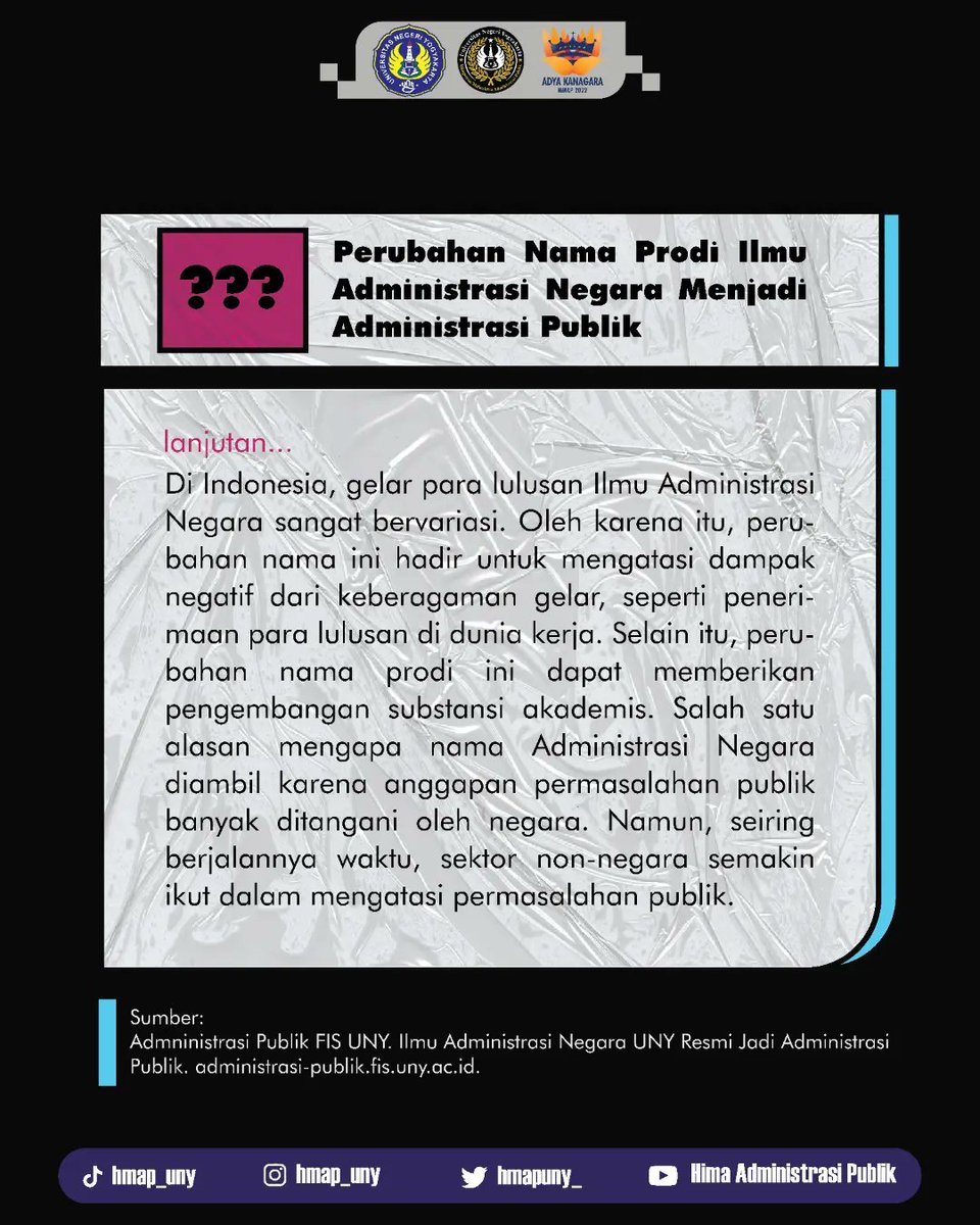 HMAPUNY_'s tweet photo. [AP PEDIA #01 : PERUBAHAN NAMA ILMU ADMINISTRASI NEGARA MENJADI ADMINISTRASI PUBLIK ]

Sebelumnya ada yang tau ga sih kenapa prodi kita bisa ganti nama?🧐 

Kok bisa ya? Apa sih penyebabnya? 

Untuk mengetahui penyebabnya, yuk simak penjelasan berikut!😆 https://t.co/veoFIztdsR