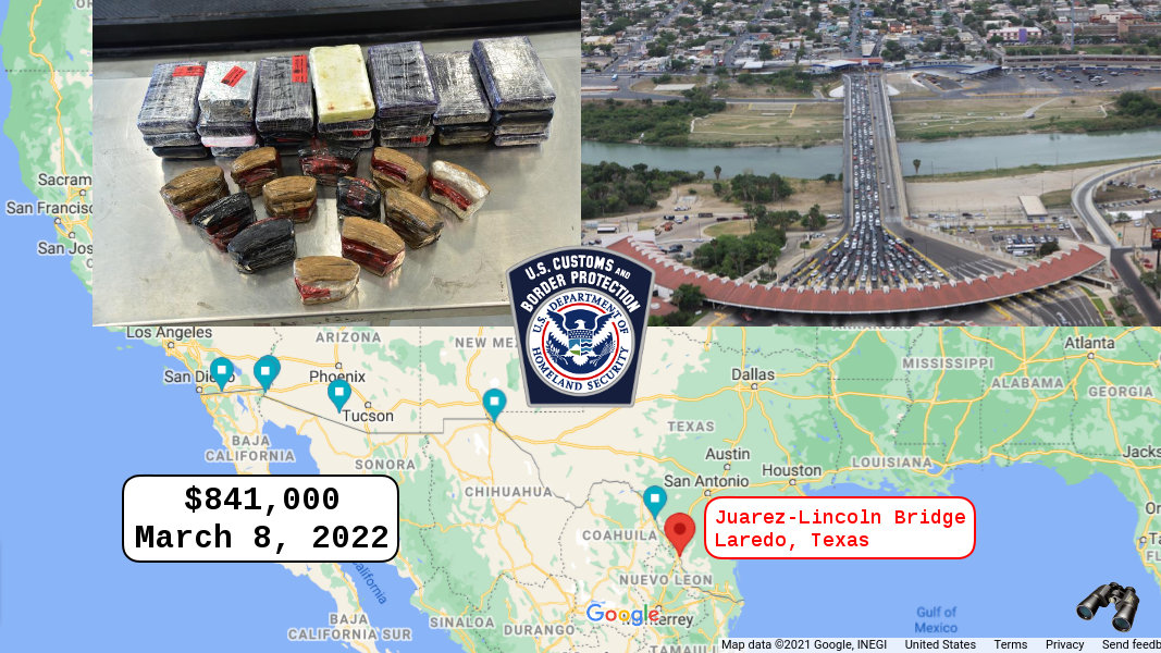 borderObserver's tweet photo. CBP Officers Seize $841K in Hard Narcotics at the Laredo Port of Entry
https://t.co/TD422OS5hZ
#SouthTexas 8 Mar 2022
#K9 & #NII searching a #commercialBus
discovered
64+ lbs #cocaine
17+ lbs #methamphetamine
#ESV $841,000
#CBP_enforcement qt-cbp-media-3338 #borderObserver https://t.co/IiRkHLShKz
