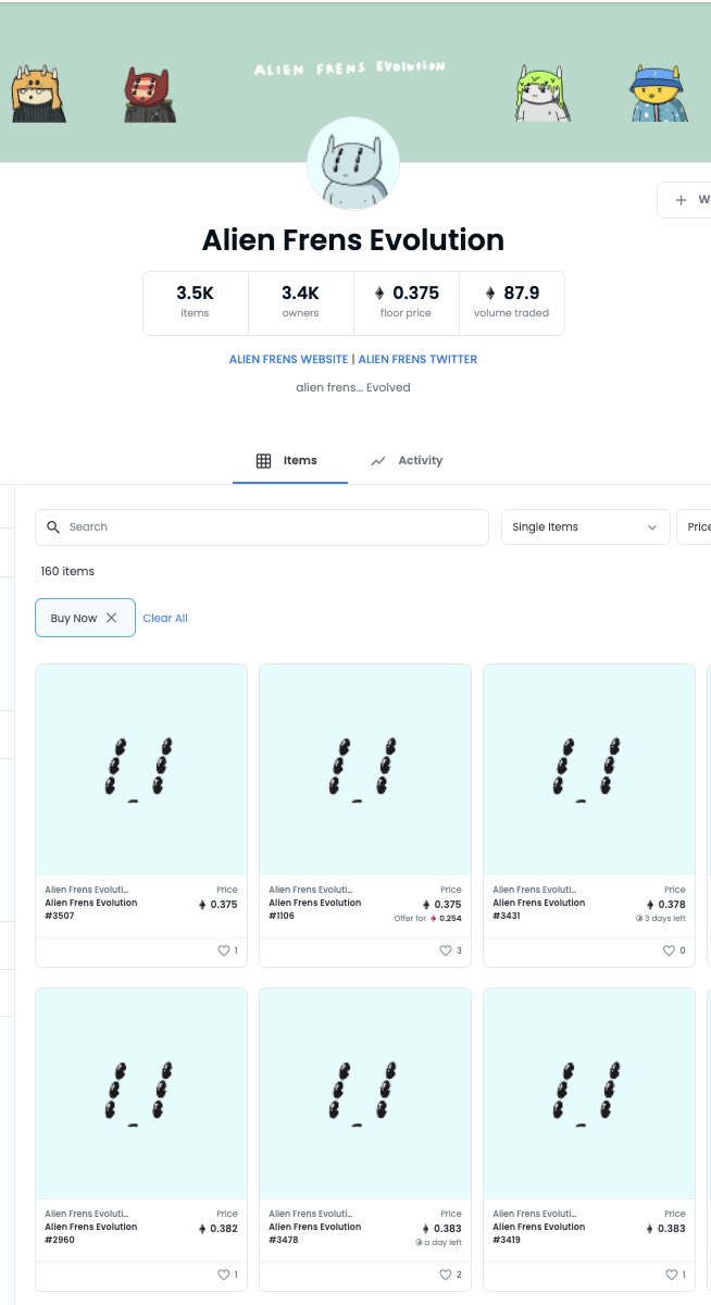 only 160 listed of the 3,500 minted <a href="/alienfrens/">alien frens</a> evolutions.