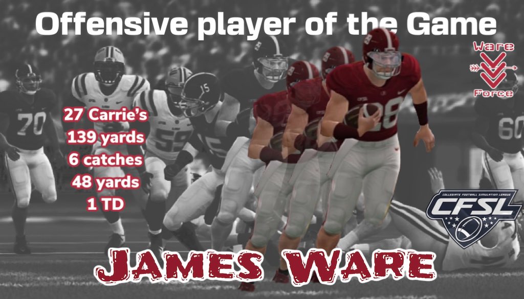 CFSLALABAMA's tweet photo. HB James Ware took the first play on offense 80 yards for a TD to lead Bama past LSU 33-3. Ware had a career high 139 rushing yards @collegesimleag https://t.co/qmGpv1r98H