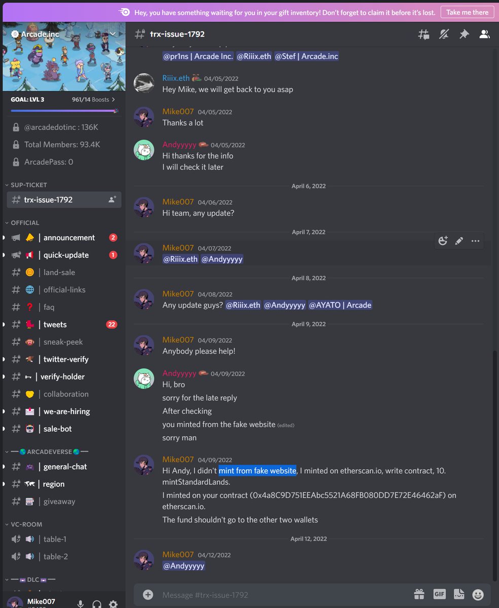 mike007forever's tweet photo. @arcadedotinc Minted on https://t.co/8UbluHz1es Arcade's contract, but fund went to wrong wallet. I lost 1.5e. I didn't mint from fake website. Lodged a ticket on Arcade's Discord but problem not solved till today. Discord ticket included. Can't believe it's Arcade. I want refund https://t.co/t3A8Fs7nGJ