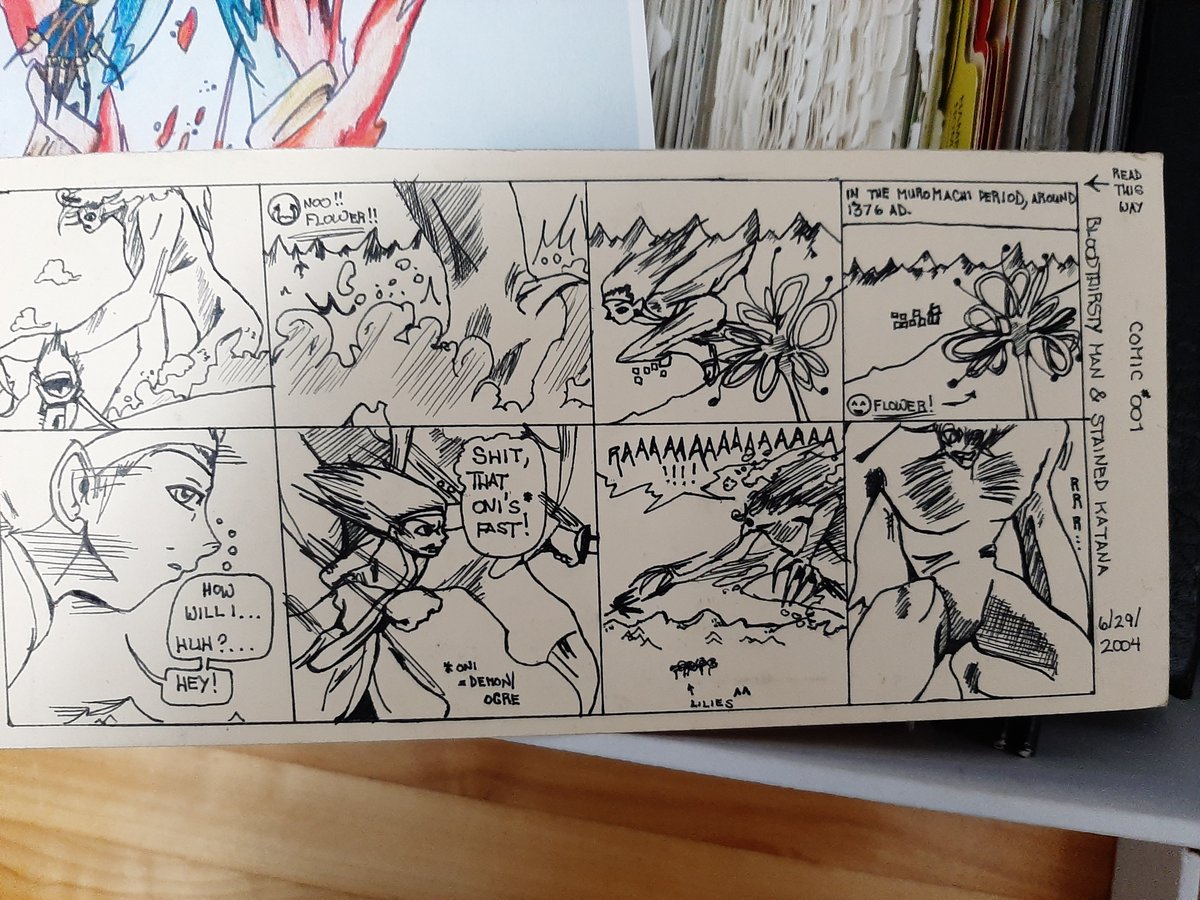 I found a comic I drew when I was 14 called "Bloodthirsty Man & Stained Katana".

AKA edgy weeb doodles that were TOTALLY not me ripping off InuYasha, my favourite anime as a teen. NOT AT ALL! 