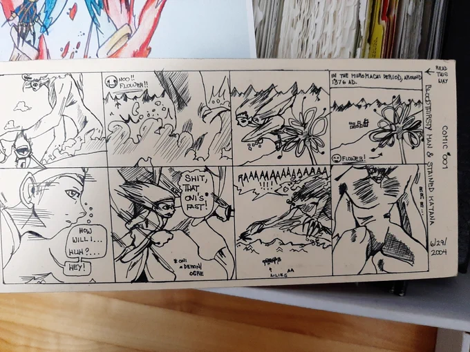 I found a comic I drew when I was 14 called "Bloodthirsty Man &amp; Stained Katana".

AKA edgy weeb doodles that were TOTALLY not me ripping off InuYasha, my favourite anime as a teen. NOT AT ALL! 