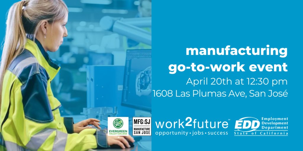Looking for a job? <a href="/work2future/">work2future</a>, <a href="/mfgsj/">Manufacture : San Jose</a>, <a href="/OfficialEVC/">Evergreen Valley College</a>, and the CA Employment Development Department are hosting an in-person manufacturing #jobfair on Wednesday, April 20 in San José. 

This event is free and open to the public. Learn more and register: eventbrite.com/e/manufacturin…