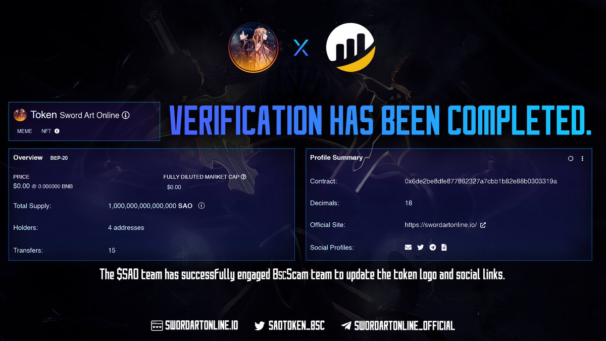 SAOToken_BSC's tweet photo. BSCSCAN VERIFICATION COMPLETED ✅ 

The $SAO team has successfully engaged @bscscan team to update the token logo and social links.
#SAO #BSC #BSCGEM #AUDIT https://t.co/8AtwaGNiSE