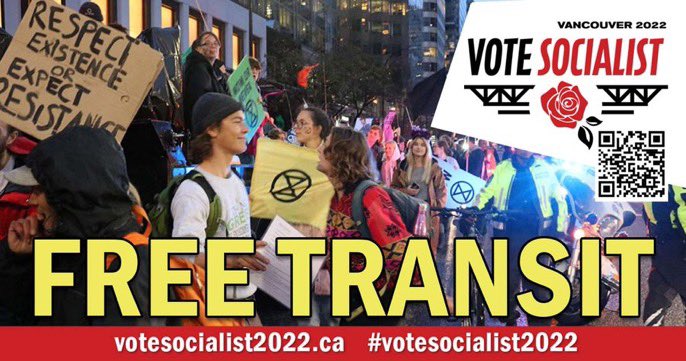 socialist_vote's tweet photo. This year, fare-free public transit will be on the ballot in Vancouver. 

This year, you won’t have to settle for choosing the lesser evil — because a clear socialist alternative will be on the ballot Oct. 15th. Join us: https://t.co/XXNJukOgWT #votesocialist #vanpoli https://t.co/Owhqm9iXp8