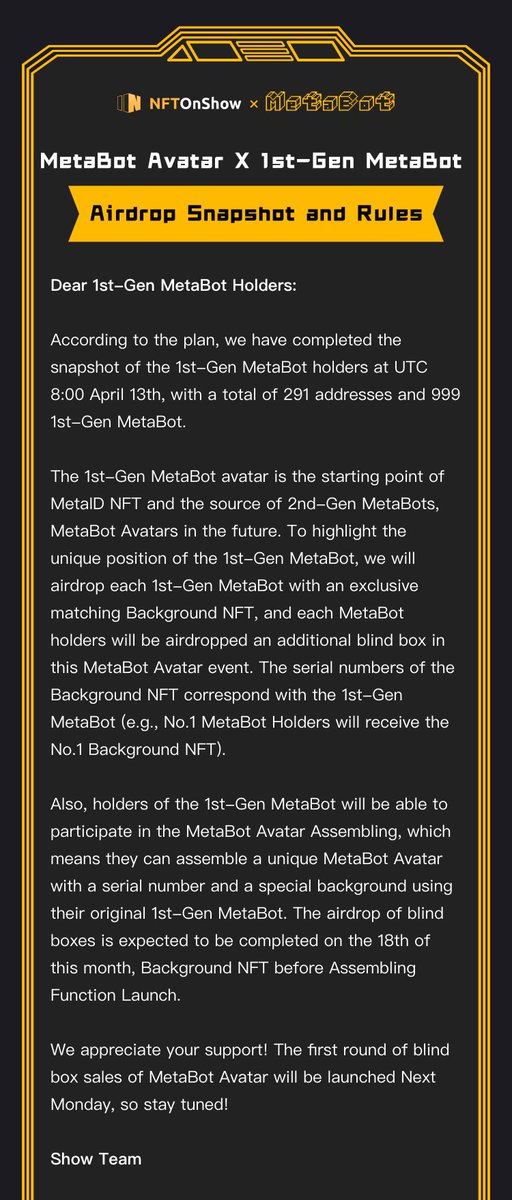 1st-Gen #MetaBot Holders will enjoy exclusive airdrop in the MetaBot Avatar Event!
We had finished the snapshot and will start the #airdrop 4 days later. 
👉About the MetaBot Avatar Event metabot.world/avatar/
Details of the airdrop👇👇👇