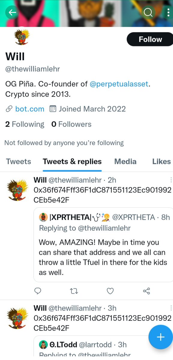 eltoddtheta's tweet photo. Be careful out there. Got scammed out of 500 Tfuel. From this account, pretending to be @thewilliamlehr. Reported him as an imposter.
 @XPRTHETA @Sheriff_Popper @JSanch_MG @SpsBrody. https://t.co/RtTWSrTTDP