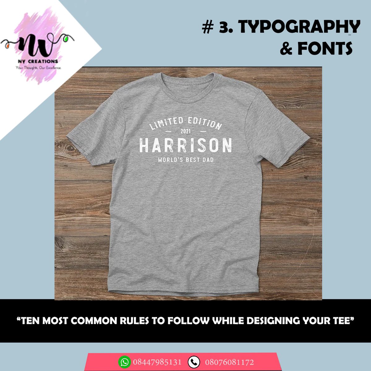 NVCREATIONS4's tweet photo. RULE 3: "TYPOGRAPHY &amp; FONTS"

If you remember only one rule of typography, make it this one: never use more than three different fonts in a design. The type police will come after you. 😄

#nvcreations #printmaking #printedclothing #customisation #printingcompany #printingservice https://t.co/OBYf13j9DK