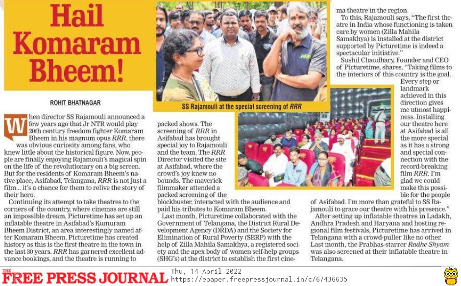 fpjindia's tweet photo. Director @ssrajamouli attends a special screening of his @tarak9999 - @AlwaysRamCharan blockbuster #RRR in Komaram Bheem's birthplace 

@ajaydevgn @aliaa08 @DVVMovies @PictureTime4
@MediaMulberry @sushilsays

By @justscorpion 

https://t.co/ZjtNYFeJe5 https://t.co/4KhkOjyH8U