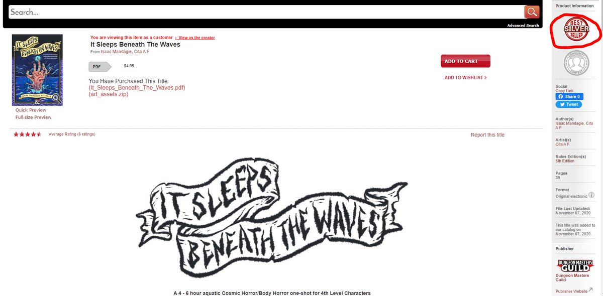 Just found out that It Sleeps Beneath The Waves just hit Silver (100+ sales). From the bottom of my heart, thank you to those who have supported my wife and me for these past few years by buying this module.