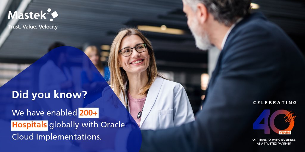 Mastekltd's tweet photo. Oracle Cloud Transformations that have Touched Countless Lives!
Creating incremental business value, we have helped more than 200 hospitals to transform and revolutionize healthcare with cloud applications, growth, and humane experience.
#40yearsofMastek #trustedpartner https://t.co/5q7reLN4su