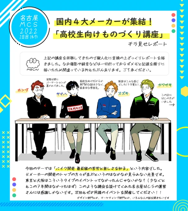 まだ名古屋モーターサイクルショーの余韻に浸っています。実は1日目だけでなく2日目にも行ったので、個人的に一番の目玉であった「高校生ものづくり講座」のレポートを描きました。現地行けなかった人に雰囲気が少しでも伝われば幸いです!(何か問題あれば消す) #バイクメーカー擬人化 #にりんぎ 