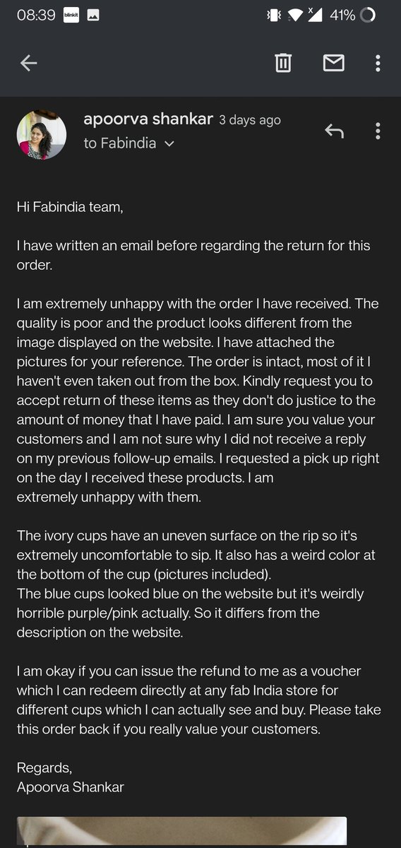 appspaprunia's tweet photo. @FabindiaNews For your reference, the amount of follow-ups I have made for this item. I have shopped on multiple sites and this is the first time I did from FabIndia. While all the others thrive to provide best service to their customers and make return seamless, here you are ! https://t.co/JfV2A0NXr9