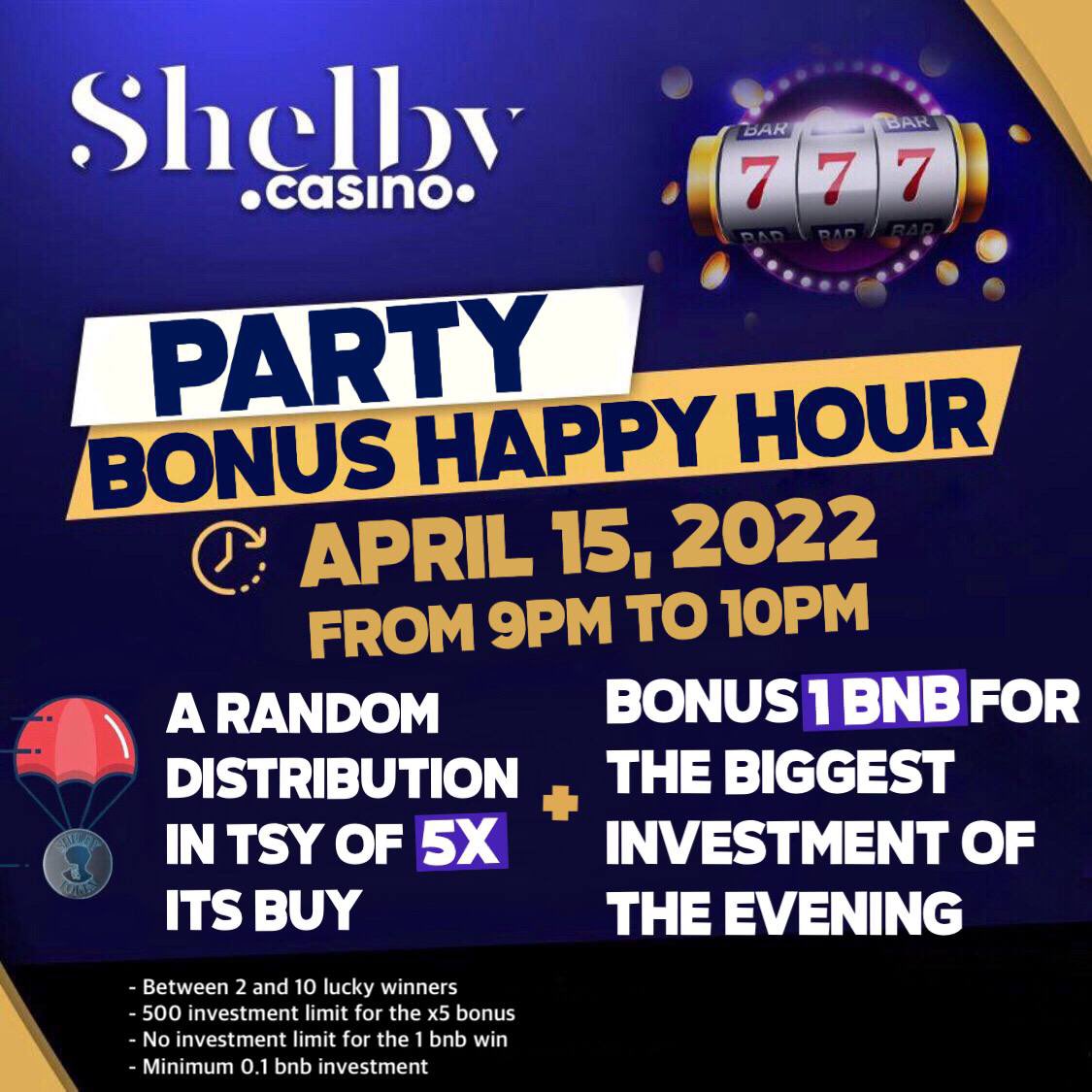 On Friday the 15th, double bonus !🎁

Bonus X5 for investments of maximum 500$ made between 7 P.M and 9 P.M (UTC)🔥

And a bonus of 1 bnb for the biggest investment (without limit) made on Friday at the same period 🥇

shelbytoken.io/en/

#tokenshelby #TSY #Giveaway #BNB