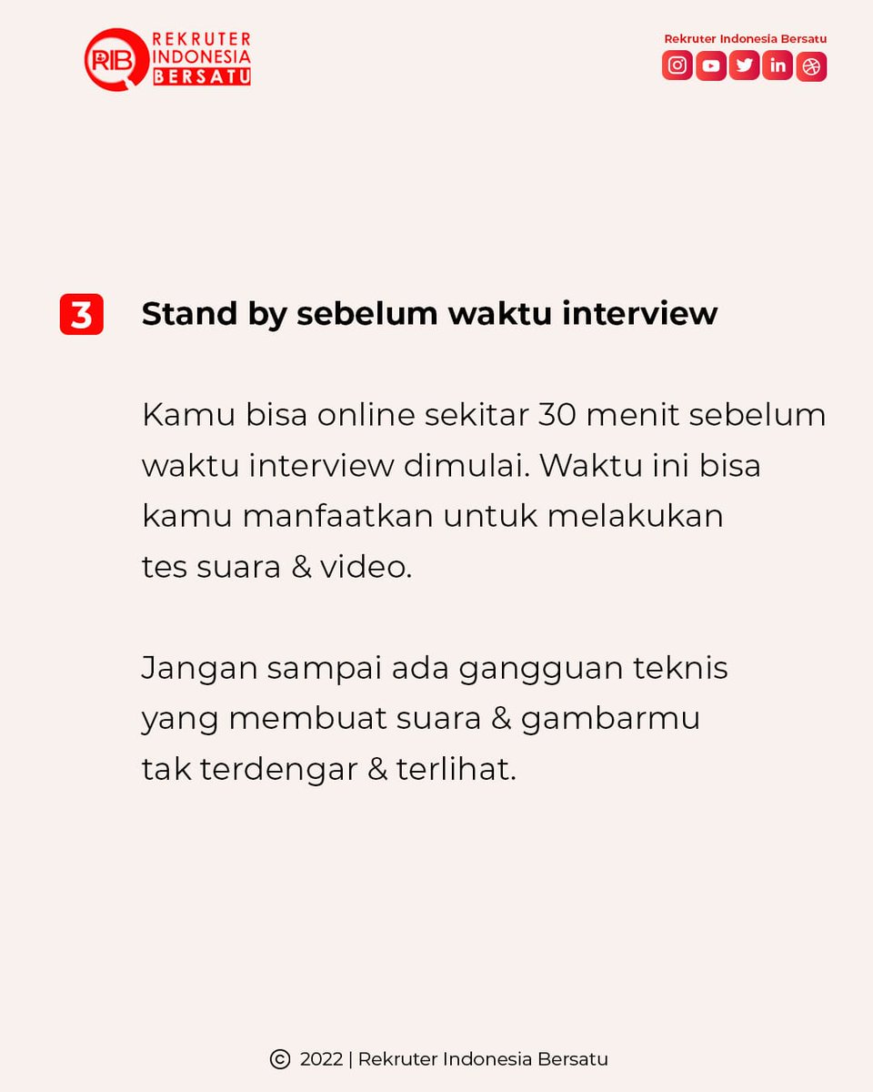 RekruterBersatu's tweet image. terhadap hasil interview mu. Cek tips dari RIB ini, dan share pengalaman interview online mu di kolom komentar yuk! 

Dunia.HR.com

Content Creator:
Fildza Yahya
Bia Ayu

#interviewonline #interview2022 #talentready #pekerjaan