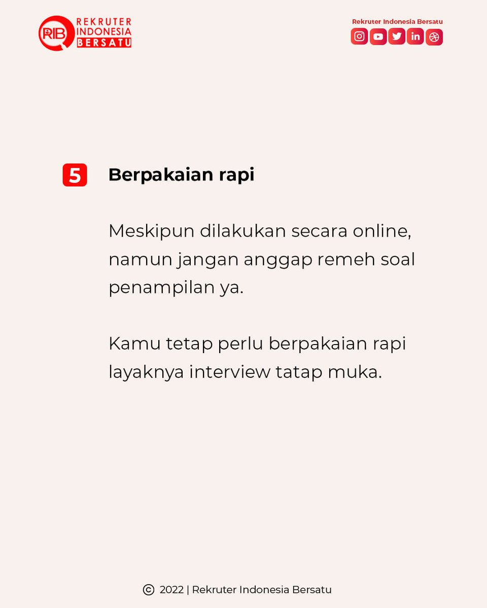 RekruterBersatu's tweet image. terhadap hasil interview mu. Cek tips dari RIB ini, dan share pengalaman interview online mu di kolom komentar yuk! 

Dunia.HR.com

Content Creator:
Fildza Yahya
Bia Ayu

#interviewonline #interview2022 #talentready #pekerjaan