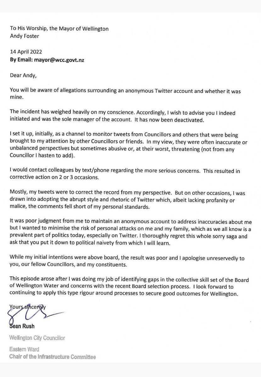 Wellington City councillor Sean Rush has admitted the anonymous Twitter account localbod1 was him.