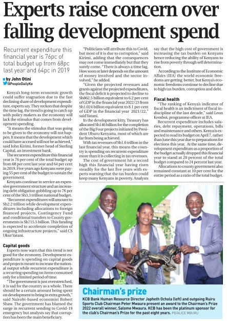 BWNamano's tweet photo. Total #Budget2022 FY 2022/23 = KES 3.31T

Recurrent expenditure (govt salaries, debt repayment, operations, maintenance etc.) FY 2022/23 = KES 2.516T (76%).

Development budget FY 2022/23 = KES 662B (20%). KES 146B of this going towards #big4agenda

Consequence: stagnation! https://t.co/qe75HgfCrI