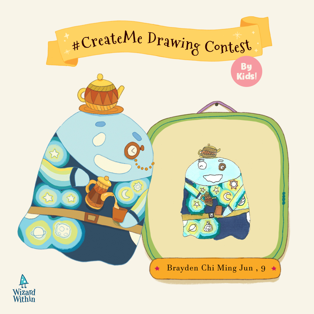 WizardWithin's tweet photo. 👨‍🎨Our little artist, #Brayden (9 years old), created his character with a great colour combination of blue and gold, with a teapot on its head and serving beverages to the visitors. He quickly becomes famous in the Wizard’s Funland because of his friendly service! 🫖

#createme https://t.co/UReHcZx6JA