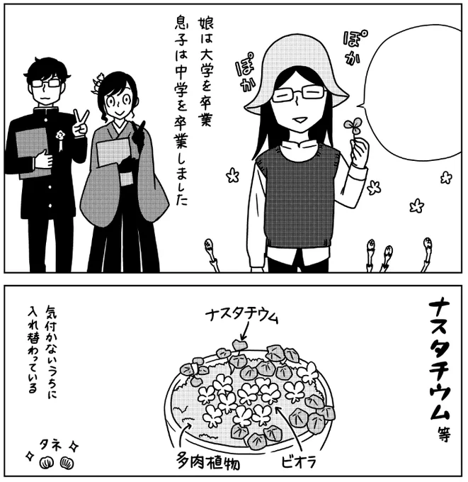 まんがライフオリジナルに土いじりエッセイまんが「もぐもぐガーデン」が掲載されています。奇跡的に成功したナスタチウムの冬越し?と、まだどうなるか不安なアボカドなど。単行本も発売中です。 