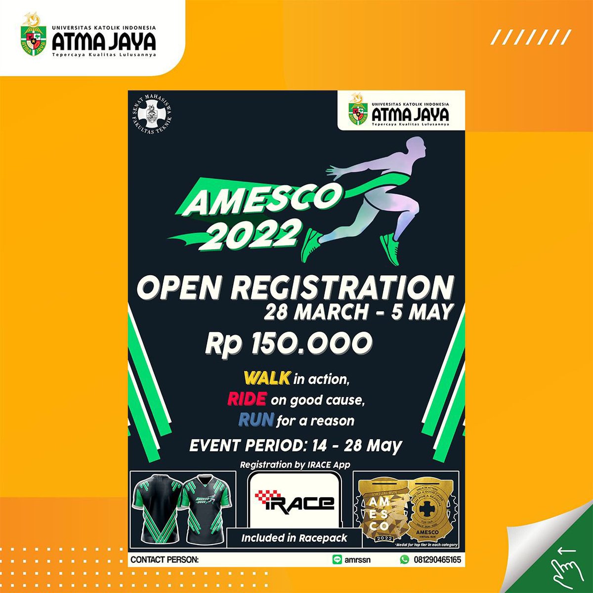 UnikaAtmaJaya's tweet photo. Olahraga virtual di tengah pandemi? Gimana ya caranya? 🤔 Nah, AMESCO lagi adain kompetisi virtual cabang run, bike, dan walk lho! Bahkan, Ikut 1 paket = berdonasi 🤩 Jangan lama-lama deh, yuk registrasi sekarang!

https://t.co/4P7BILUIIL

#BanggaAtma #UnikaAtmaJaya #AMESCO https://t.co/TIwlVwss2I