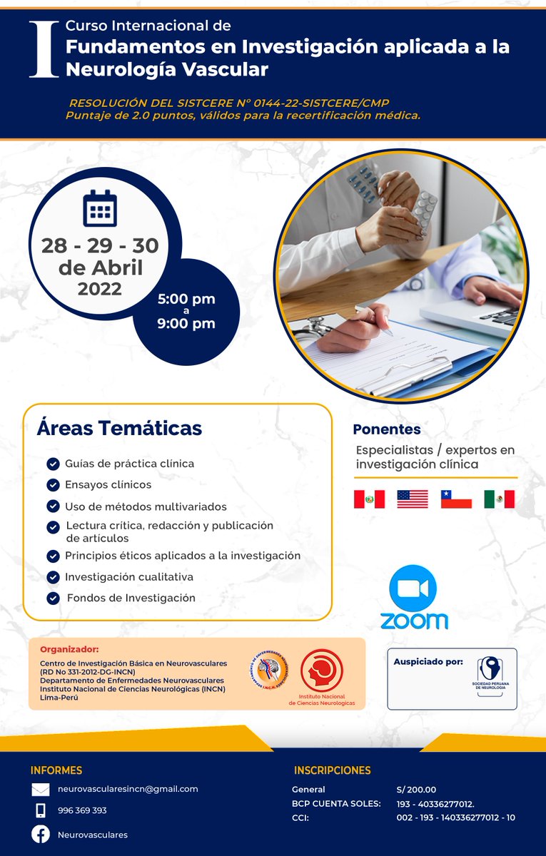 La inscripción para el "I Curso Internacional de Fundamentos en Investigación aplicada a la Neurología Vascular" está ABIERTA. Consulte los detalles del registro a continuación.

✅REGISTRO VIRTUAL AL CURSO
forms.gle/aeAmAYpcNCMnjp…
✅INFORMES:
Email: neurovascularesincn@gmail.com