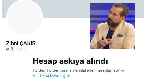 TWITTER ZİHNİ ÇAKIR'IN HESABINI KAPATTI!
Ne idüğü malum Arif İlave denen (...!), @zihnicakir'a ağır hakaret etti. Zihni'nin de karşılık vermesi üzerine Arif şikayet etti ve Twitter Zihni Çakır'ın hesabını askıya aldı. 
#KemalinYamakları #ZihniÇakırYalnızDeğildir