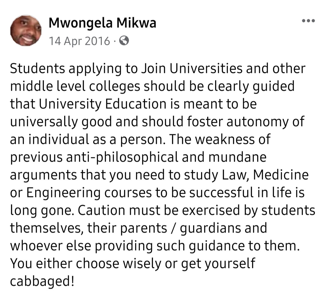 Dr. Mwongela Mikwa™️ (@mwongelaf) on Twitter photo It is only a RATIONAL being who knows that other people need love, respect and care. ~ *******
What am I trying to say? Sometimes CHOICES have CONSEQUENCES; 9th August, 2022 It is only a RATIONAL being who knows that other people need love, respect and care. ~ *******
What am I trying to say? Sometimes CHOICES have CONSEQUENCES; 9th August, 2022