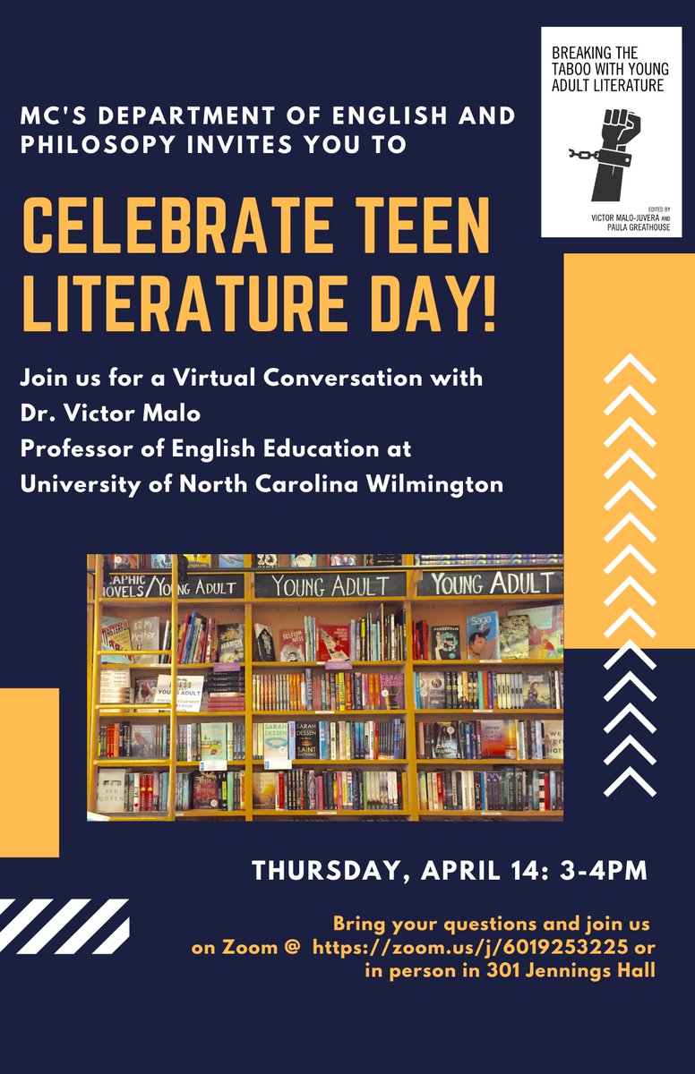 Join <a href="/mc_engphil/">MC Department of English & Philosophy</a> in welcoming Dr. Victor Malo to a virtual conversation celebrating Teen Literature Day. We'll be talking YAL, the role of the canon, lit today in the ELA classroom, and whatever else is on your mind (submit your own questions too).  We hope to see you Thursday!