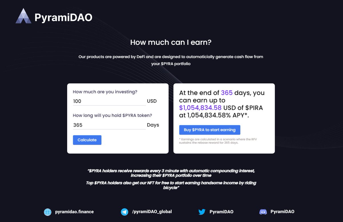 pyramiDAO's tweet photo. 💰💰💰Easily calculate your rewards and portfolio balance when you hold $PYRA tokens in your wallet with #autostaking &amp; #autocompounding on the PyramiDAO website: https://t.co/cuRKGg3ld6 

#BSC #BSCGems #Move2Earn #ride2earn #PYRA #defiyield #DeFiNews #StakingRewards #Staking https://t.co/Vfnwb55FZ1