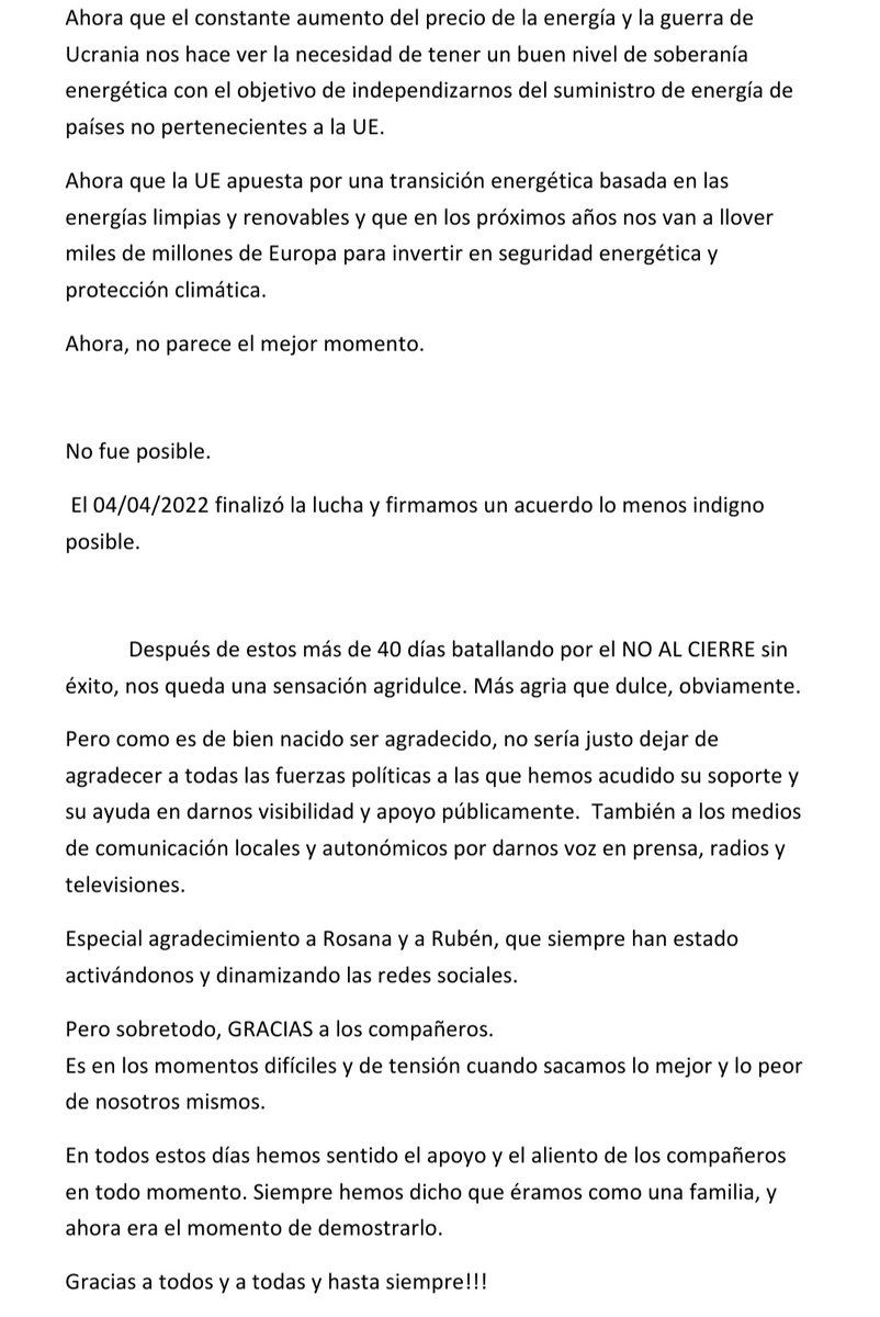 Carta final de despedida. No pudimos evitar el cierre a pesar de intentarlo con todas nuestras fuerzas Muchas gracias a tod@s por vuestro apoyo,no lo olvidaremos jamás 😘
<a href="/Cclope11/">Rubén Sánchez</a> <a href="/ROCKSANNITA/">Rosanna Garcia 🔻 @Podem_ PV #SiSePuede</a> <a href="/MarisaSaavedraM/">Marisa Saavedra</a> <a href="/carlesmulet/">Carles Mulet Garcia</a> <a href="/joanbaldovi/">Joan Baldoví ;)</a> <a href="/MiguelUrban/">Miguel Urbán Crespo</a> #AccionaNordexSeSalvaLuchando